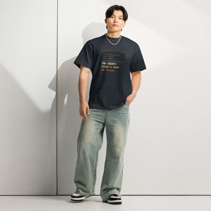 Model wearing Navy Blazer The Agents Found A Room DROP 001 heavyweight developer T-shirt, full front view