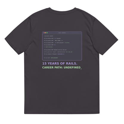 Anthracite Career Path Undefined Rails developer T-shirt, back view with NoMethodError console print