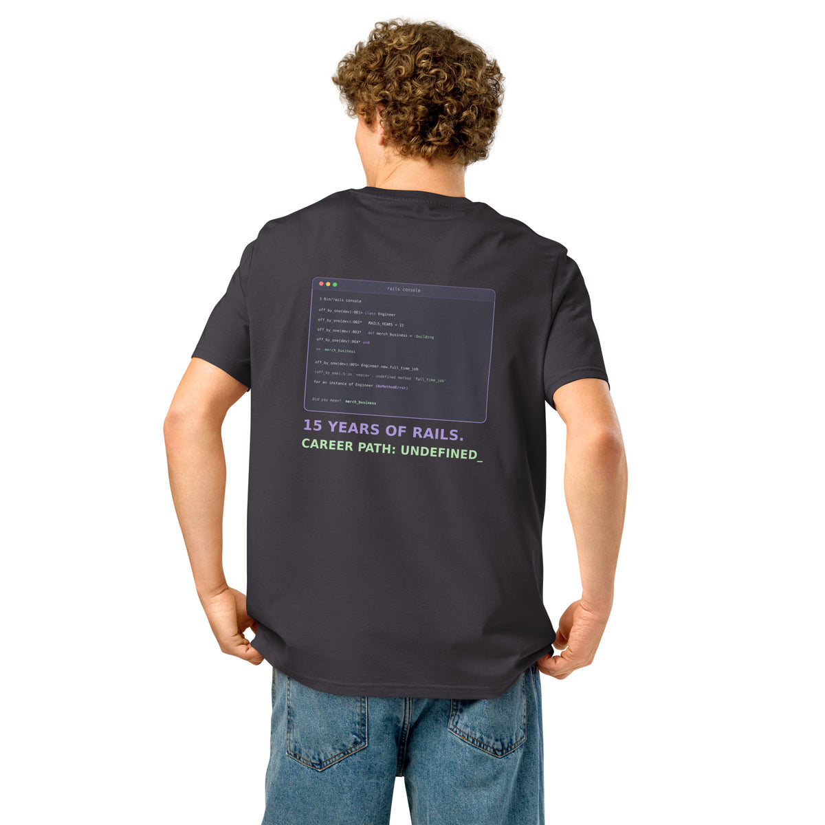 Career Path Undefined Rails developer T-shirt with NoMethodError console back print in purple and green