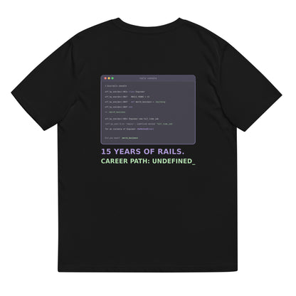 Career Path Undefined Rails developer T-shirt with NoMethodError console back print in purple and green