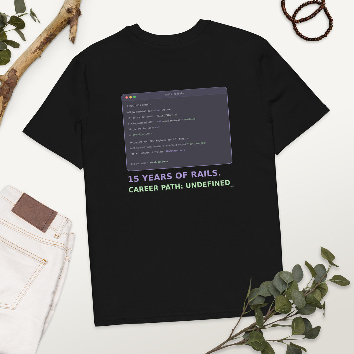 Black Career Path Undefined Rails developer T-shirt with NoMethodError console back print