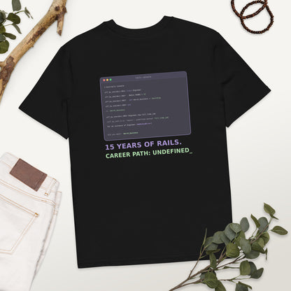 Black Career Path Undefined Rails developer T-shirt with NoMethodError console back print