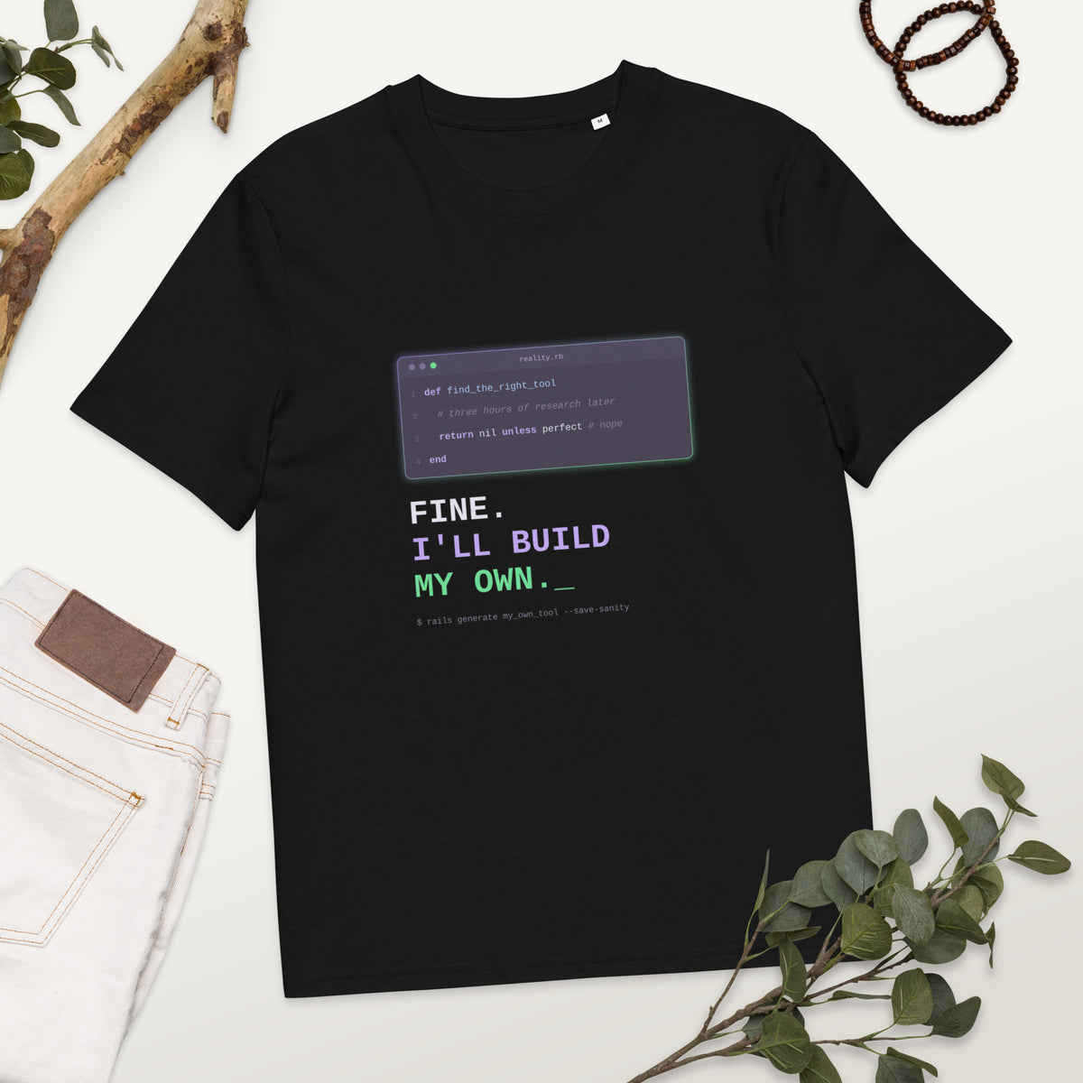 Black Fine. I'll Build My Own developer T-shirt with terminal-style artwork detail