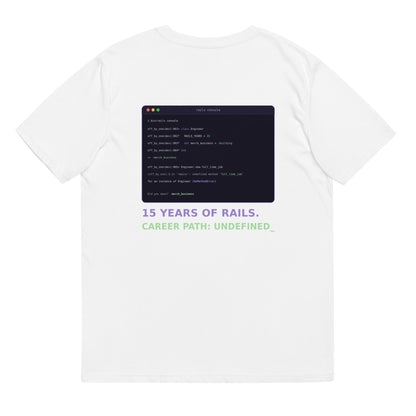 White Career Path Undefined Rails developer T-shirt, back view with NoMethodError console print
