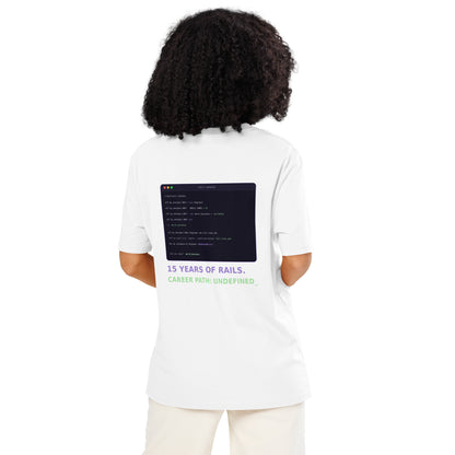 White Career Path Undefined Rails developer T-shirt with NoMethodError console back print